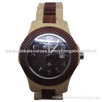 Tense Solid Wooden Watch with Mesh Pattern Bezel, Japanese Movement
